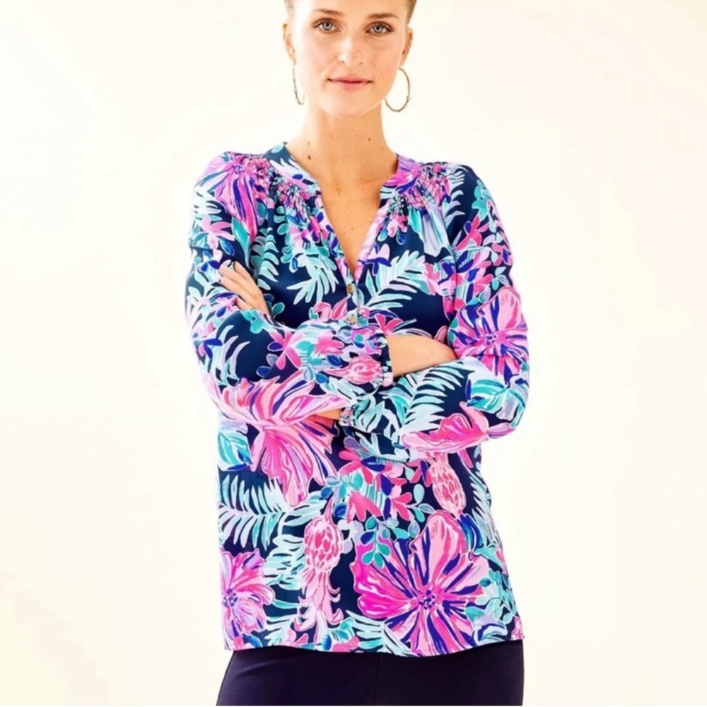 Lilly Pulitzer Elsa Silk Top Multi Garden Getaway Medium